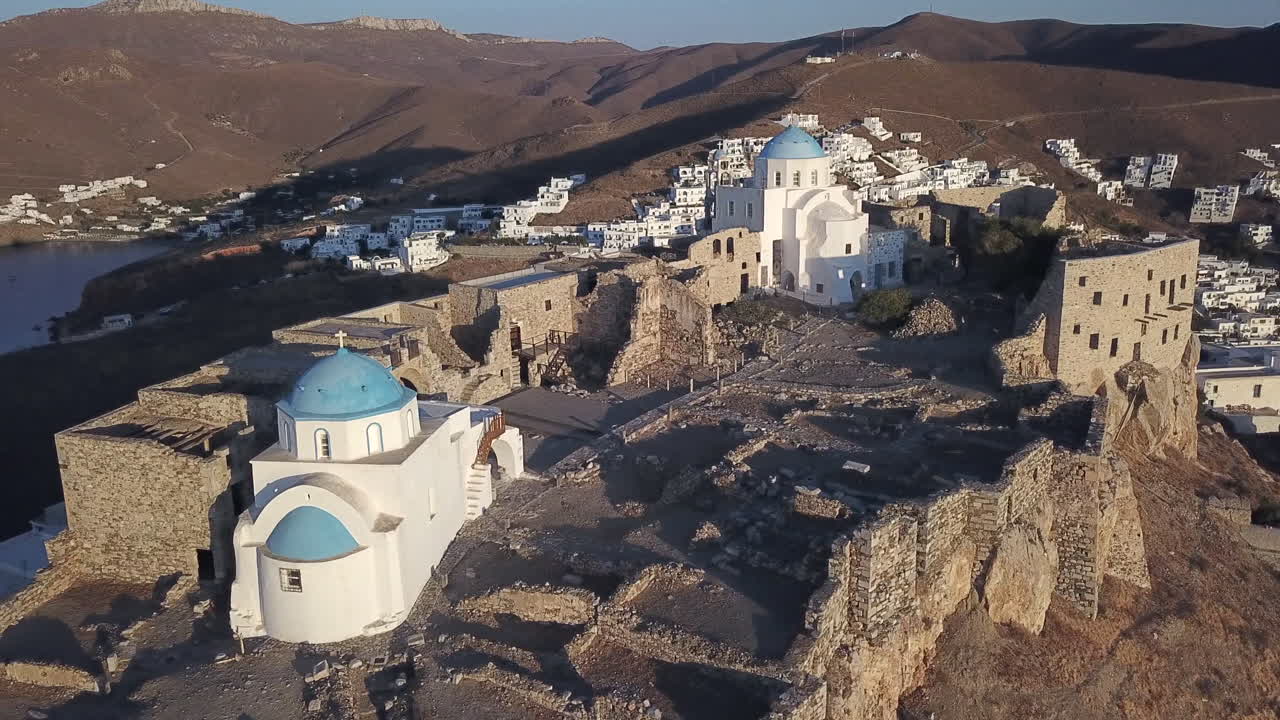 Aerial View of Ruins and Church on a Greek Island