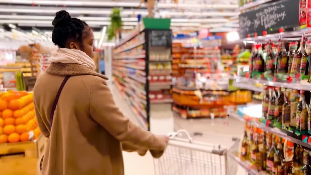Video POV di una persona che fa acquisti in un corridoio di un negozio di alimentari, che mostra prodotti vivaci sugli scaffali