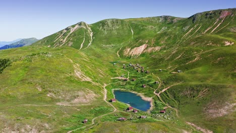 summer countryside on mountain plateau with lakes on sunny day