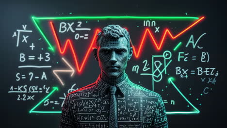 man in mathematical attire with neon equations and data graph