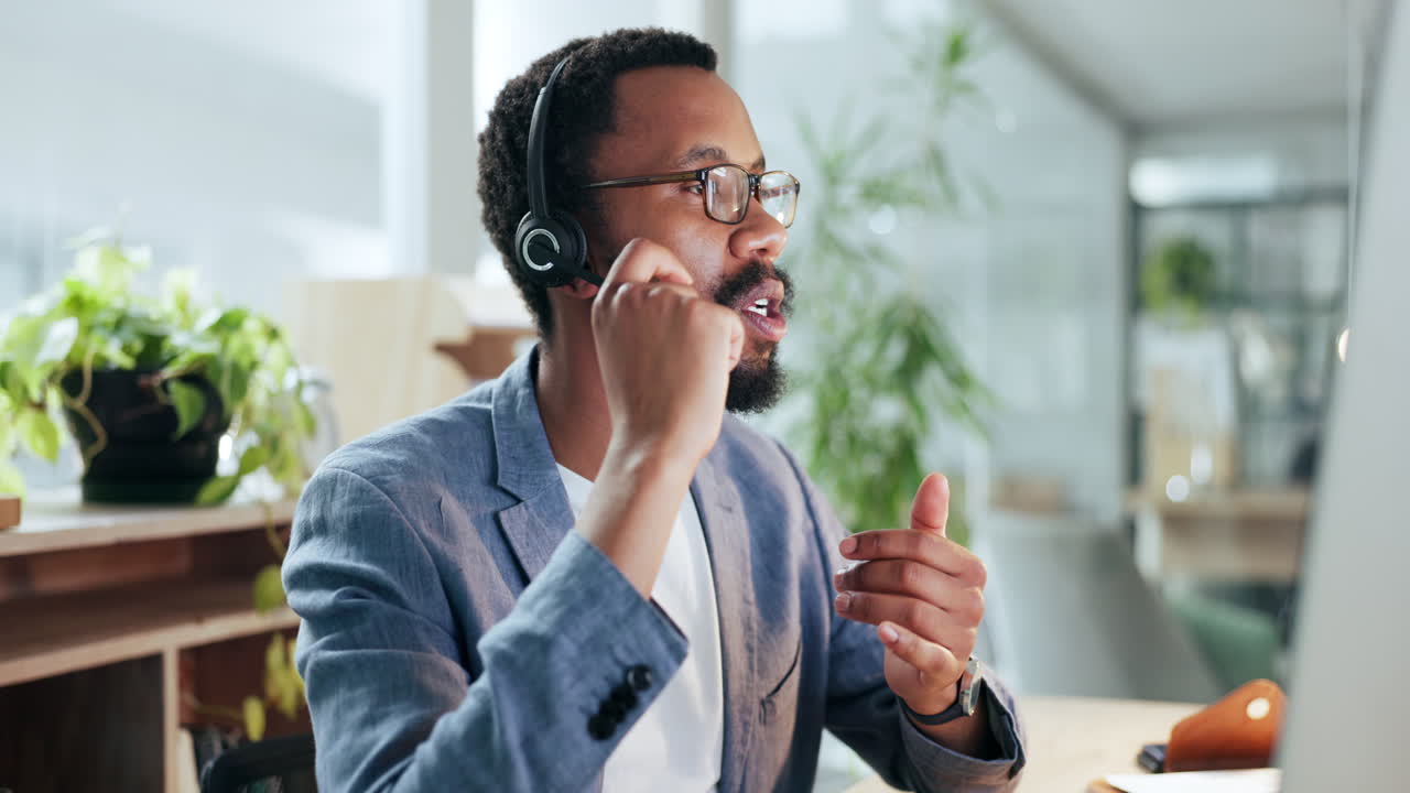 Black man, computer and consulting in call center