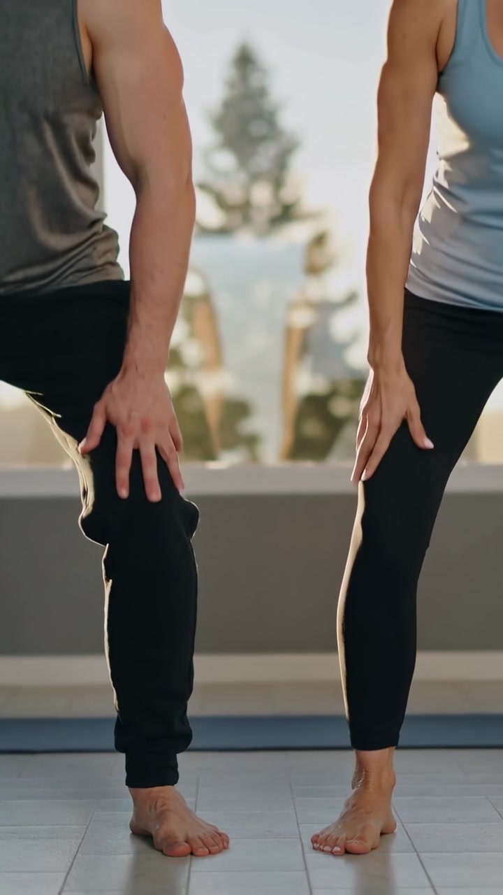Vertical video: Smiling couple barefoot in gym wear doing squats at bright studio window warming up