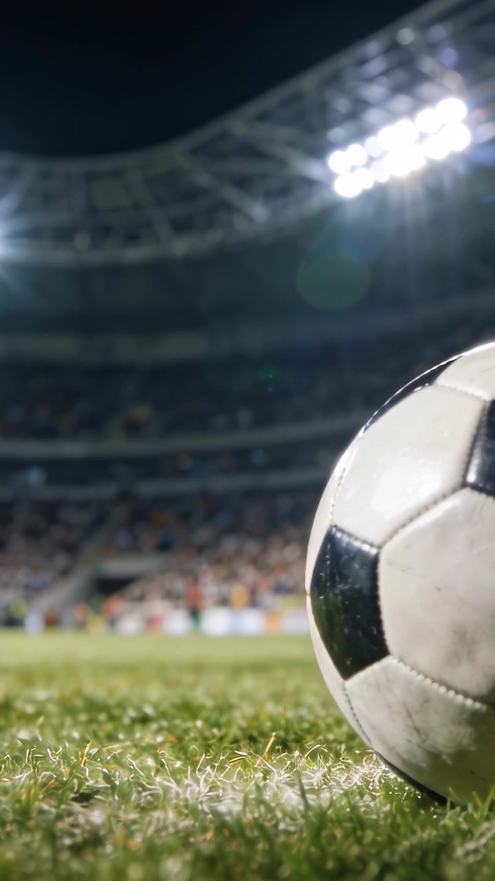 Dikey video: Kamera kaymasıyla ışıkların parlamasına neden olan, gece sahasında duran futbol topu, metin alanı.