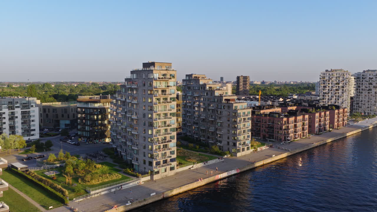 Aerial drone view of modern canalside apartments in the Sluseholmen district in Copenhagen, Denmark