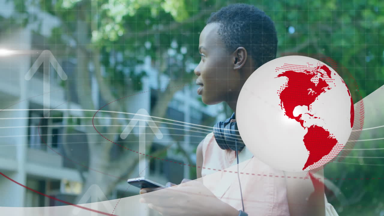 Young person holding phone with global network animation overlaying urban background