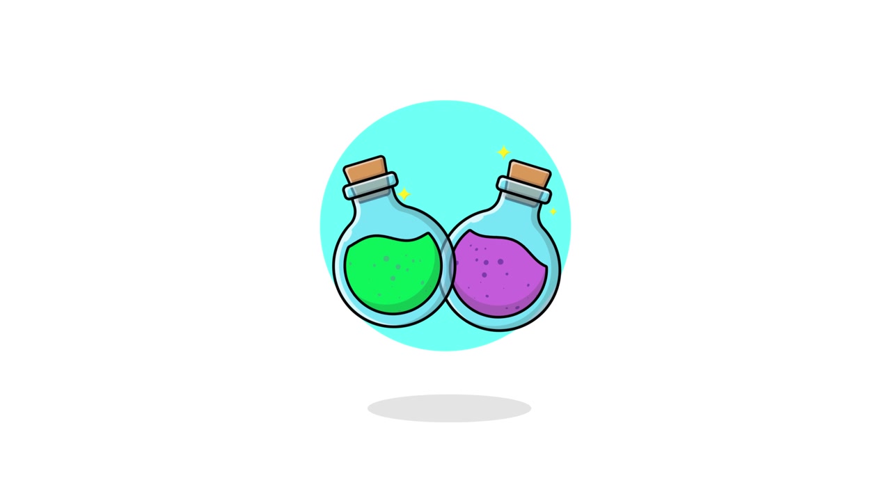 Ilustração Animada de Dois Frascos de Poção com Líquido Verde e Roxo