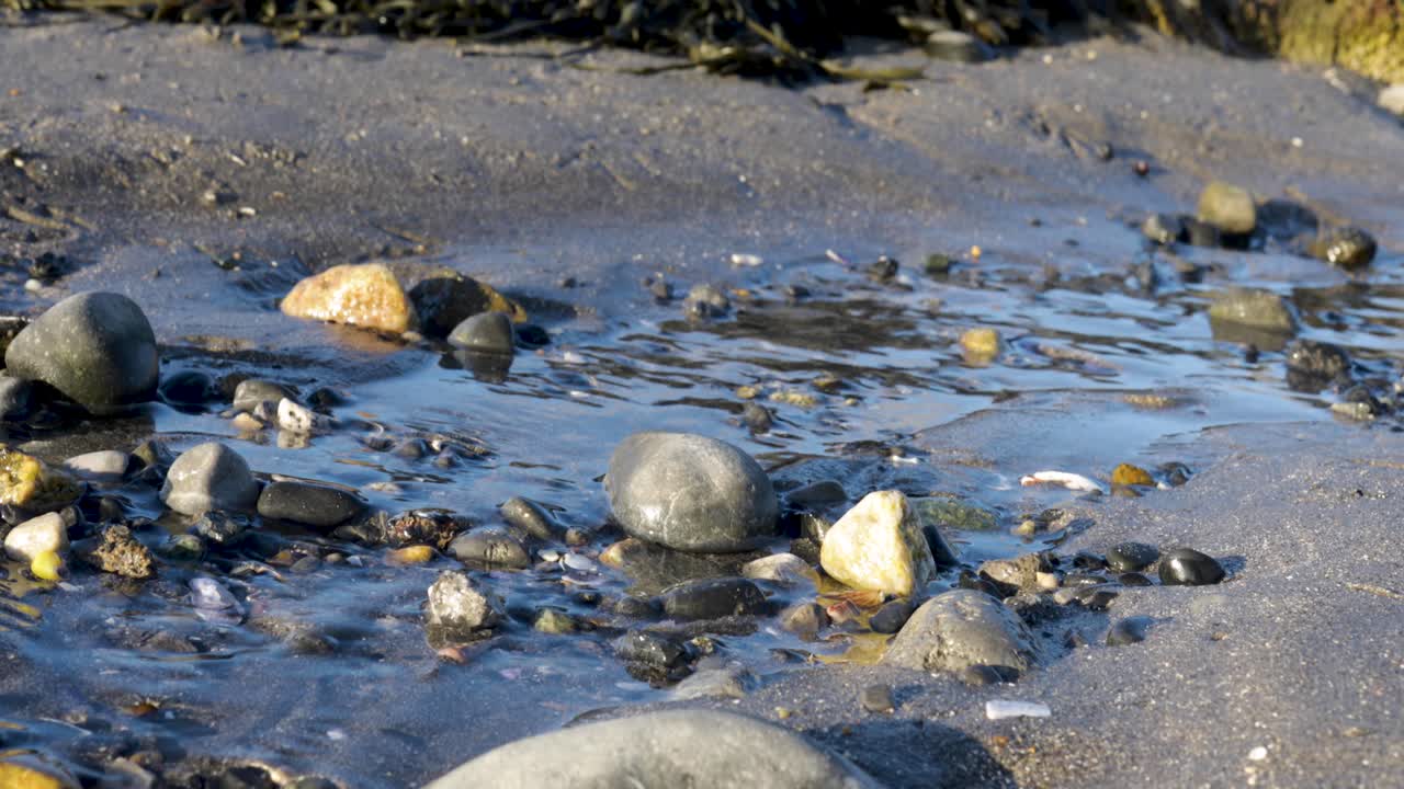 Primo piano di acqua fresca che scorre in un letto di fiume poco profondo con pietre e ciottoli