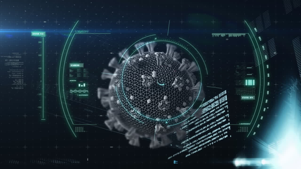 회전하는 코로나19 셀 위의 스코프 스캐닝의 애니메이션과 데이터 처리에 대한 인터페이스