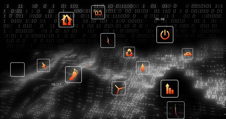 Binary digits pulsing, dotted field spawning orange icons in boxes and drifting, showing metrics
