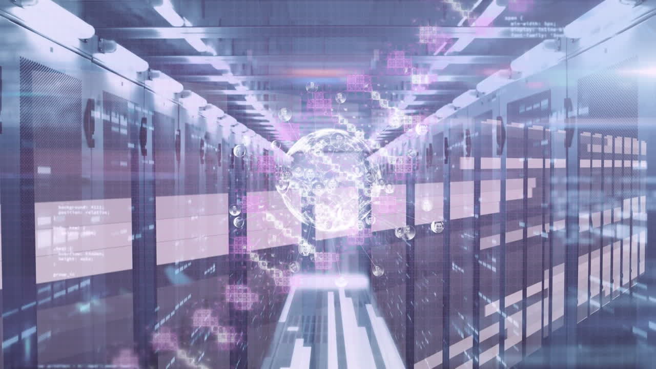 Animation of data processing and globe with icons over server room