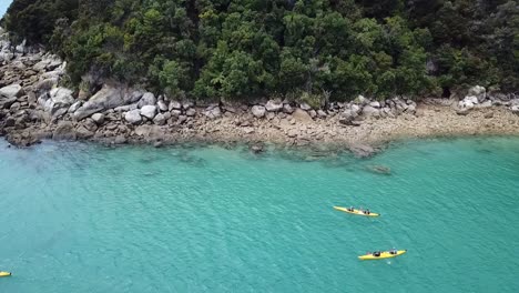 Drohnenansicht-Des-Kajakfahrens-Im-Abel-Tasman-Nationalpark,-Neuseeland