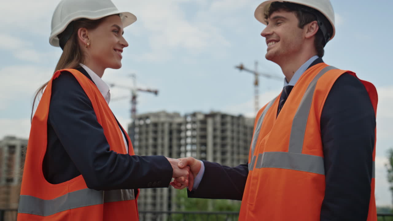 Successful contractors shaking hands at building construction site ...