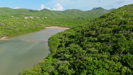 aerial dolly along tropical mountain showcasing salt pan in westpunt curacao