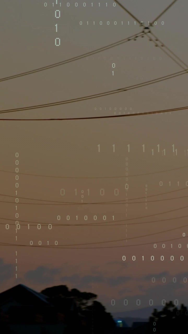 Vertical video: Sunset fading, cam panning right, lines revealing lattice tower with binary overlay