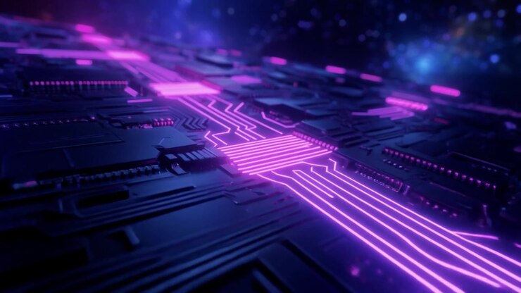 Scheda Madre Futuristica con Flussi di Dati Viola Luminosi