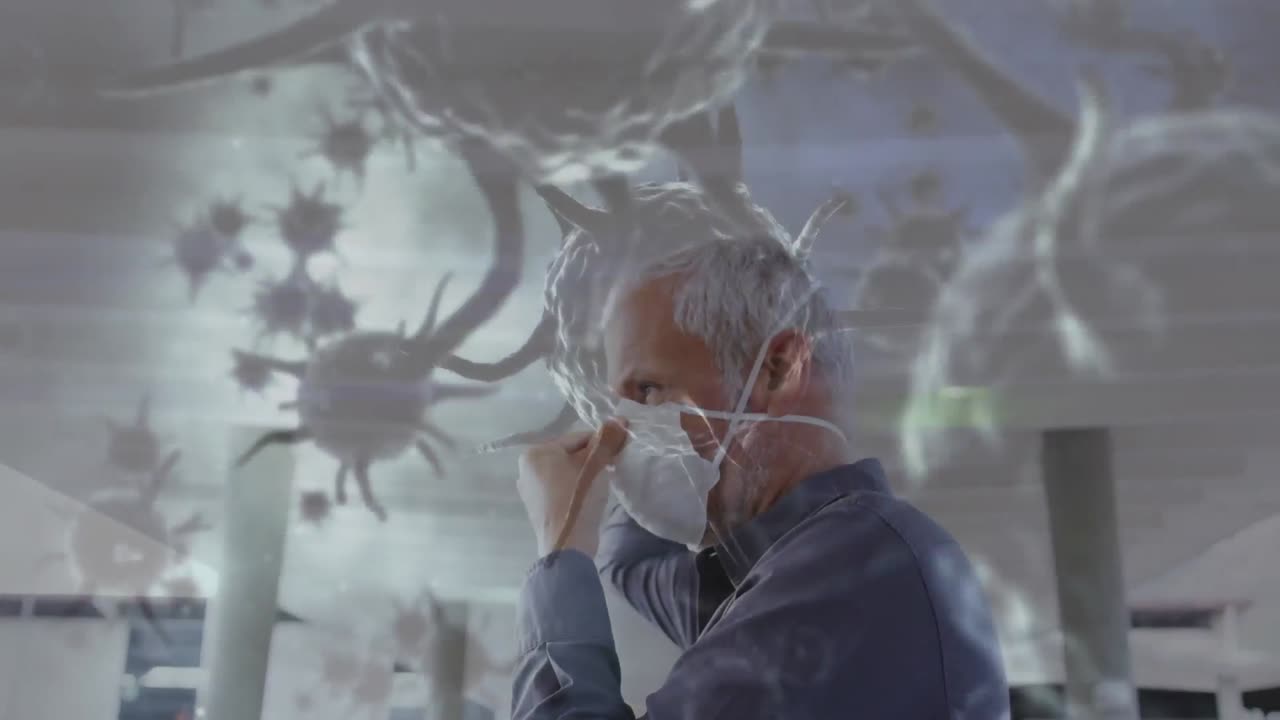 코로나19 세포가 얼굴 마스크를 쓰고 있는 사람을 가로질러 움직이는 애니메이션