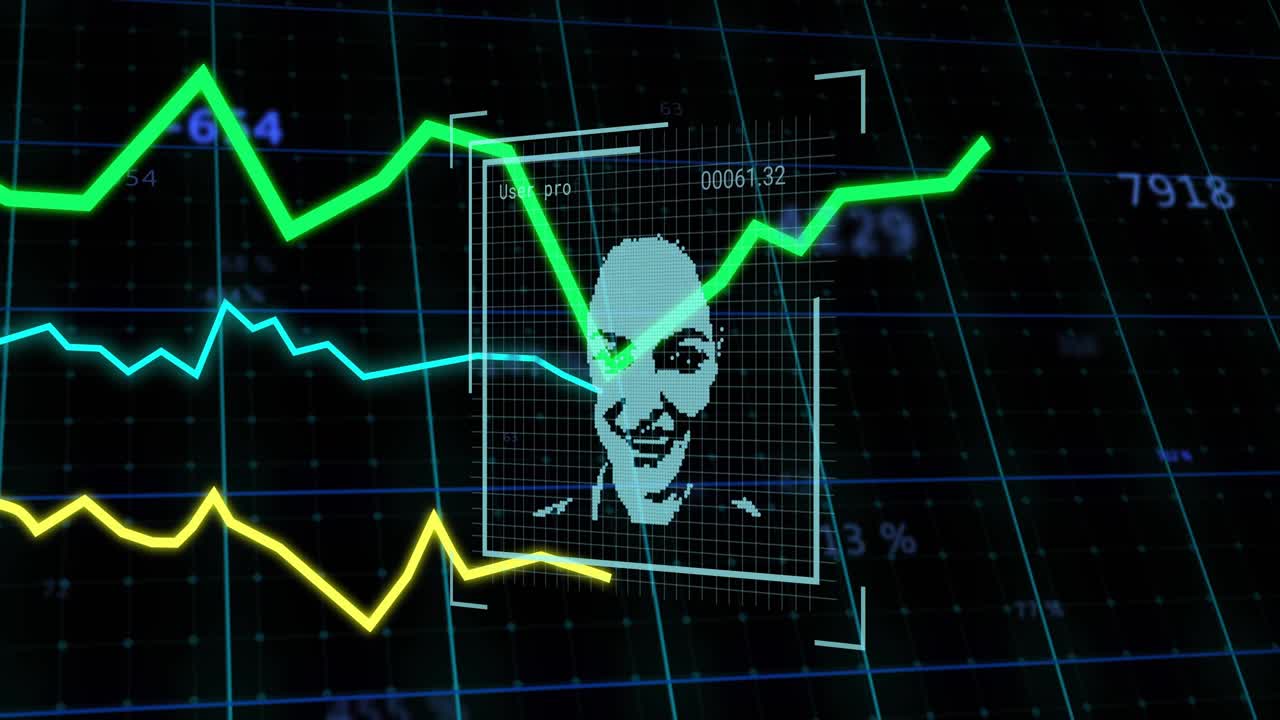 HUD activating framed user profile card shifting faces, line graphs crossing visualizing user data