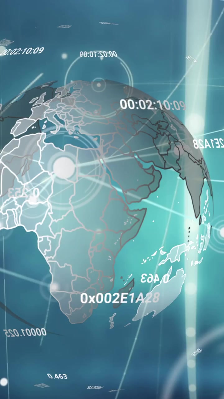 Animação de rede de conexões sobre globo giratório e ponto de luz azul em fundo preto.