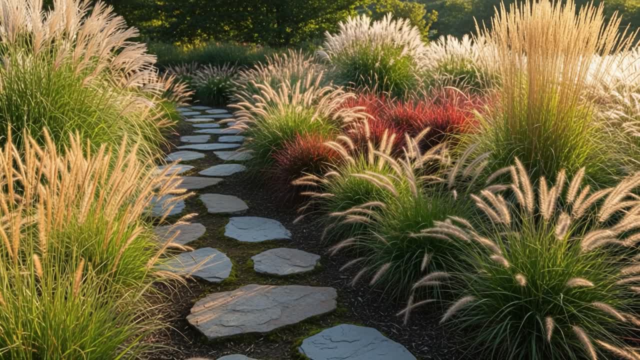 En fredfyldt sti gennem frodige prydgræsser: Oplev roen og skønheden i naturens havelandskab i solbeskinnet morgenlys.