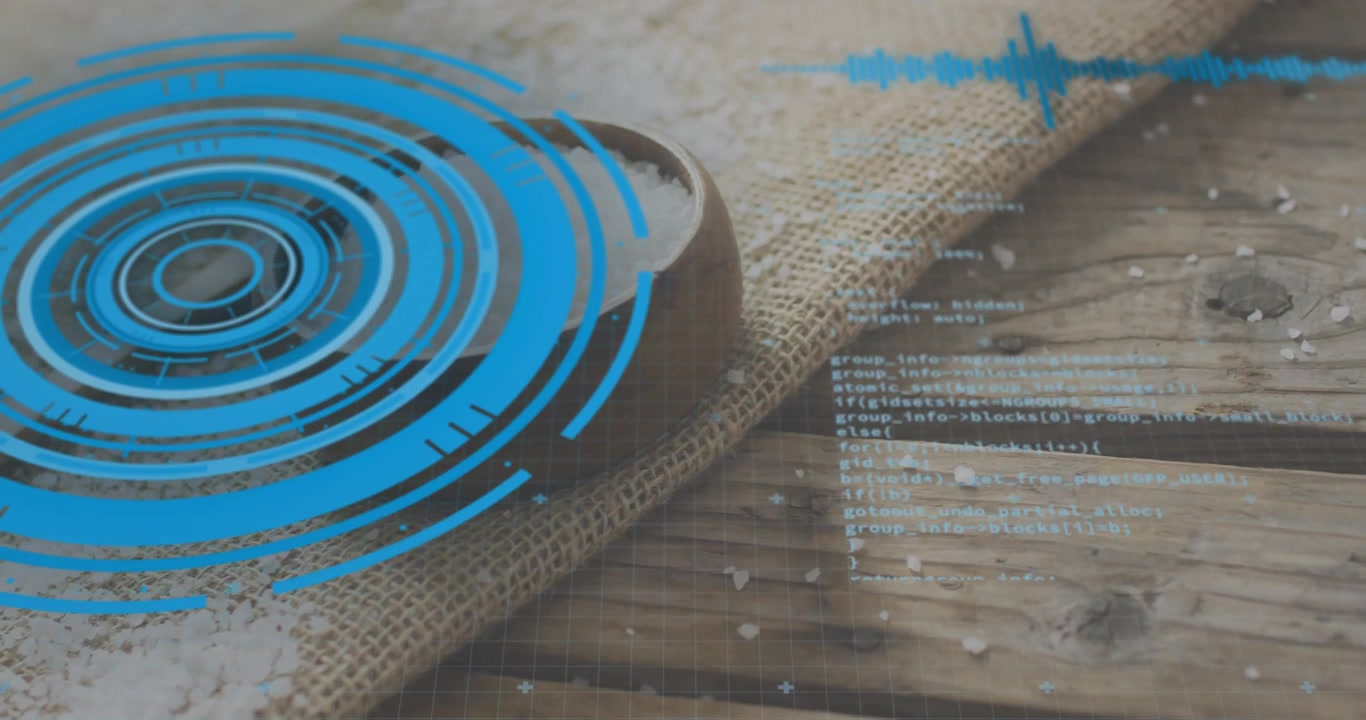 Blaue HUD-Overlays erscheinen und animieren, während eine Schüssel mit Salz gefüllt wird, die eine Mischung aus digitalen und rustikalen Elementen zeigt.