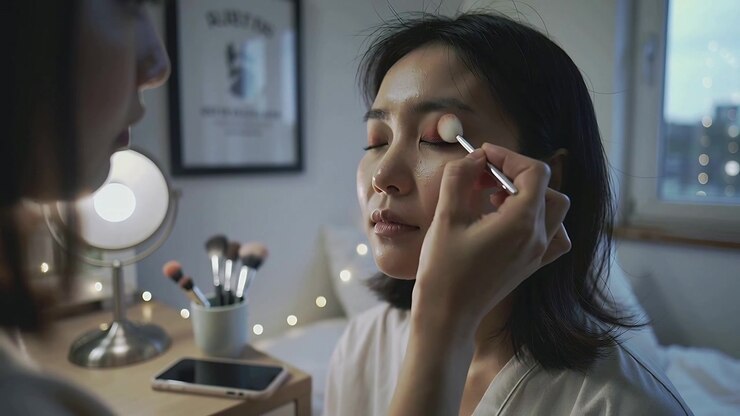 Makeup artist pressing applicator and brushing coral shadow on client in light robe by vanity lamp