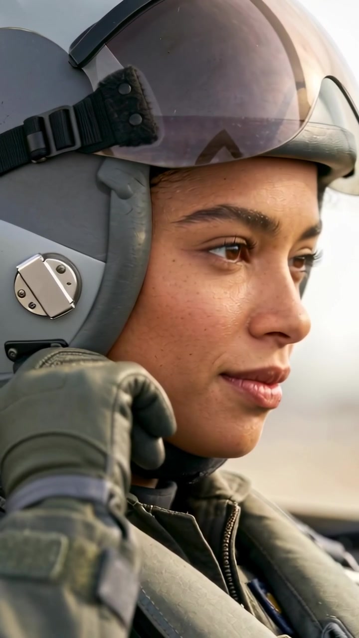 Vertical video: Adjusting female pilot securing helmet strap in cockpit before takeoff wearing gear