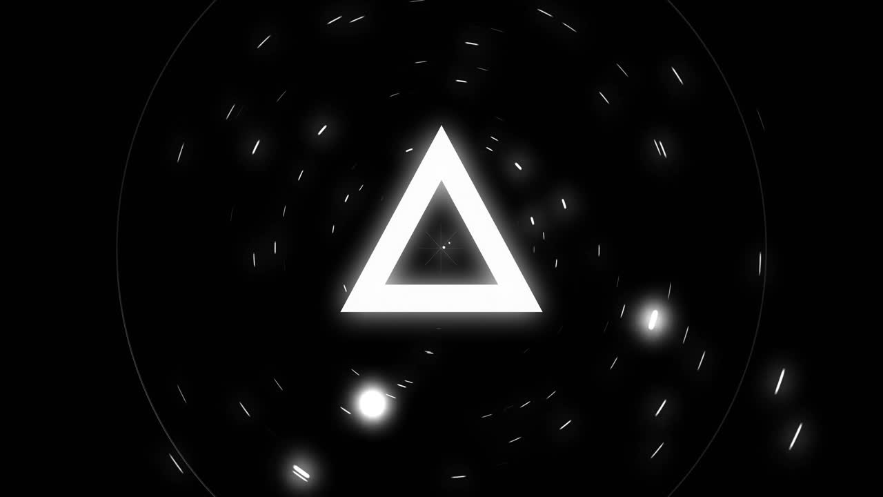 Rotating triangular shape and glowing particles animation on black background