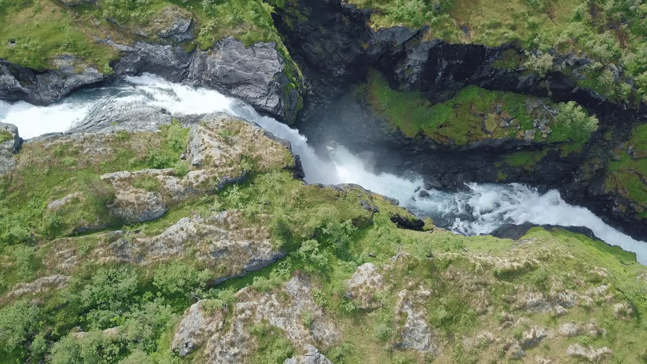 Amazing aerial view of a powerful waterfall. Norway, near Trolls path.