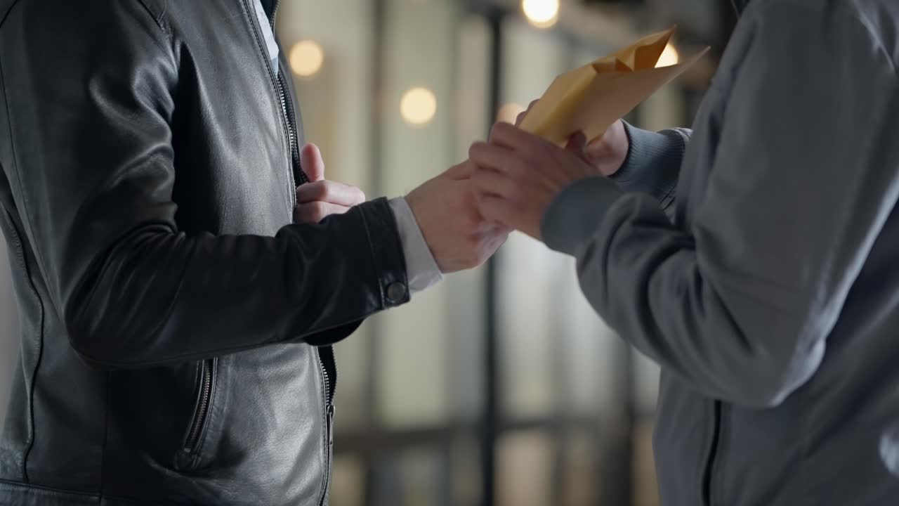 Man discreetly taking out envelope filled with money handing it to another man, who slips it into his jacket. sealing the deal with handshake. Bribery, business deal, or under-the-table agreement.