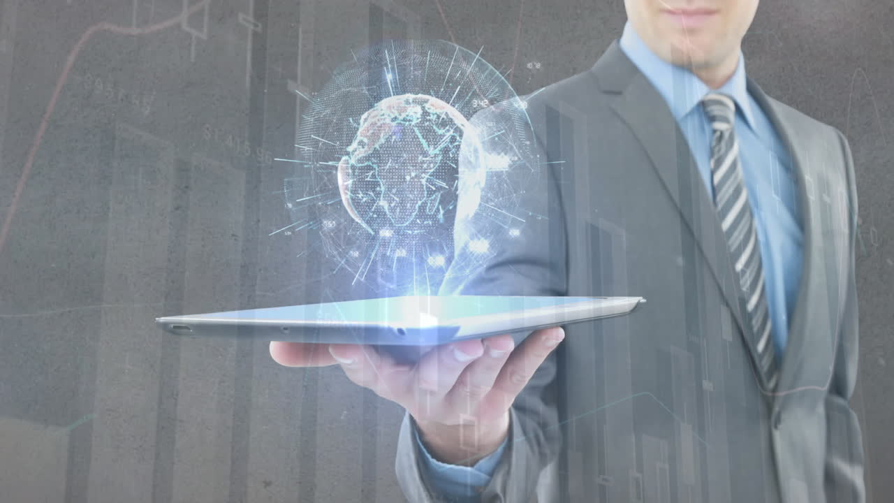 animación del procesamiento de datos financieros y globo con conexiones sobre un hombre de negocios que sostiene una tableta