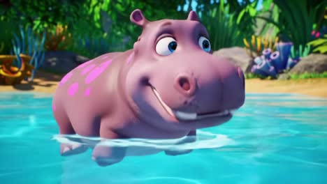 Animated Hippo Character Enjoys a Cheerful Day in the Water Surrounded by Lush Nature, Bringing Joy and Laughter in a Colorful Tropical Setting