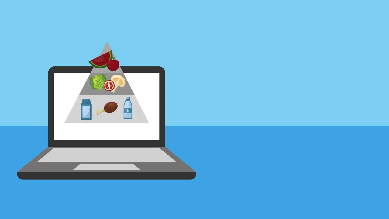 건강한 음식 피라미드와 함께 노트북