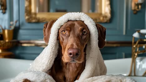 a brown dog wrapped up in a white towel in a bathtub