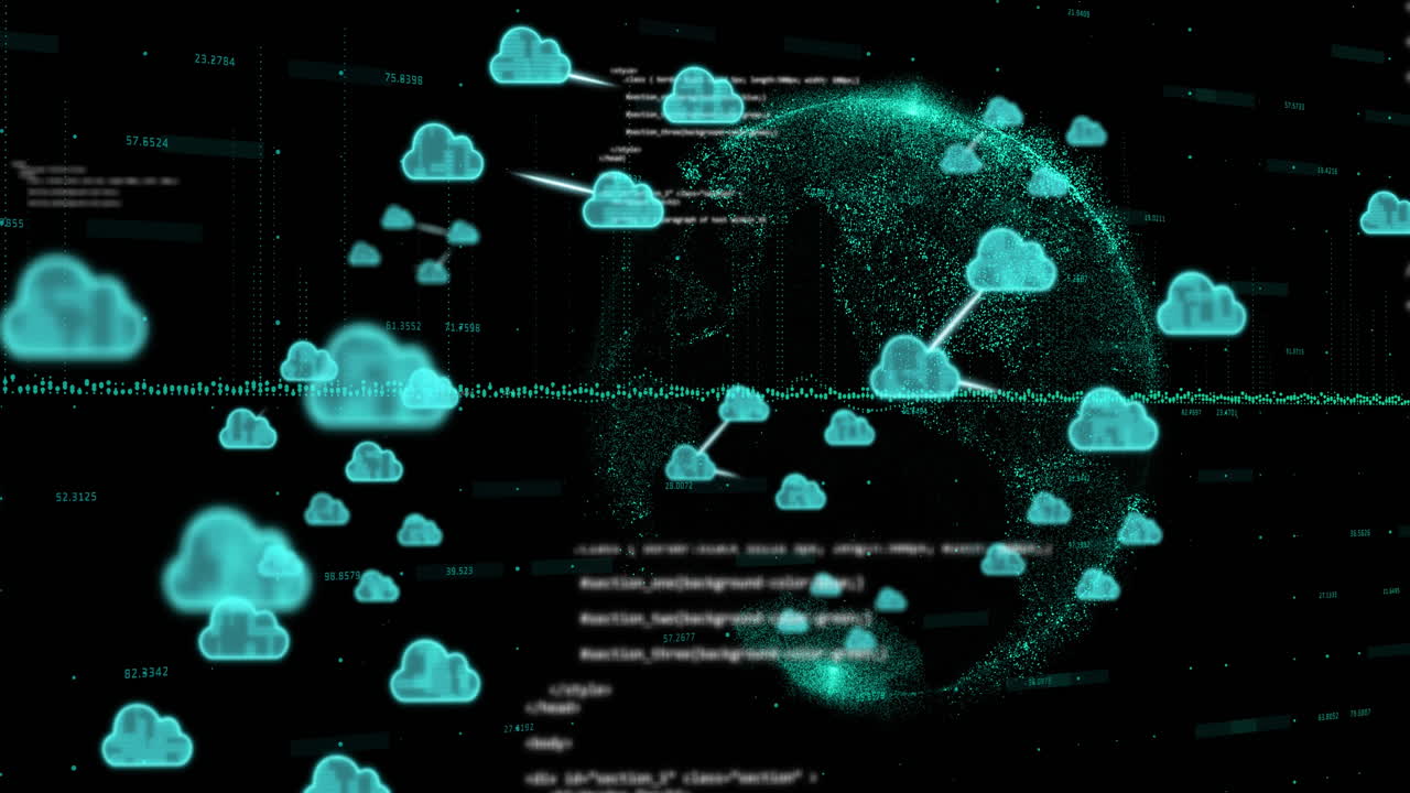 Animation of cloud icons and data processing over globe