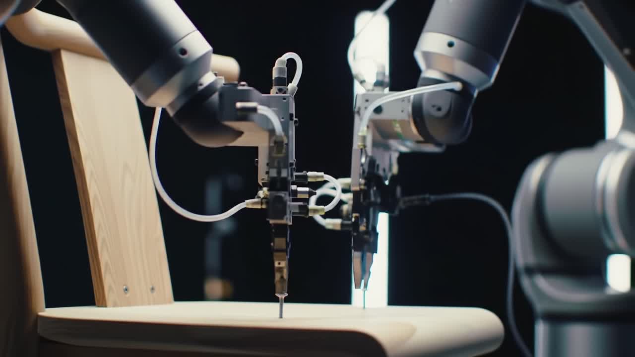 Robotic Hands Delicately Assemble Wooden Chair Using Precision Tools and Fasteners as Innovative Technology Transforms Furniture Manufacturing Process