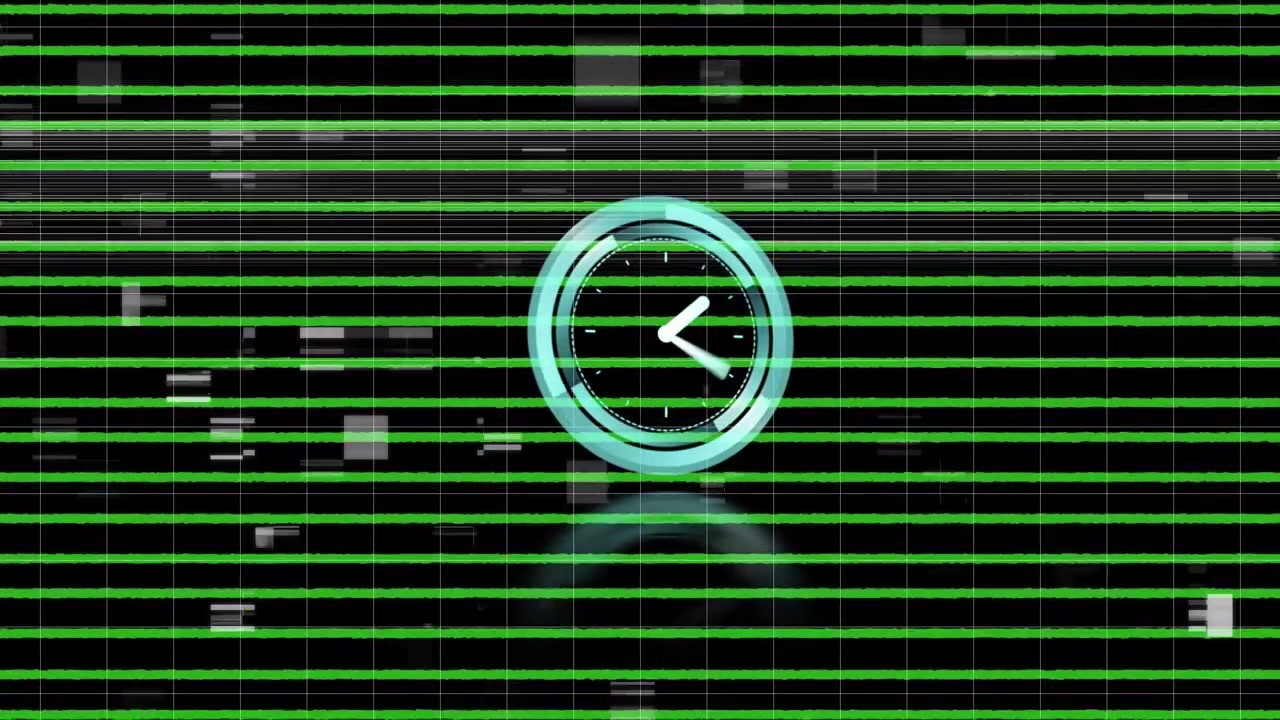 Digital Clock Animation with Glitch Effect on Green Grid Background