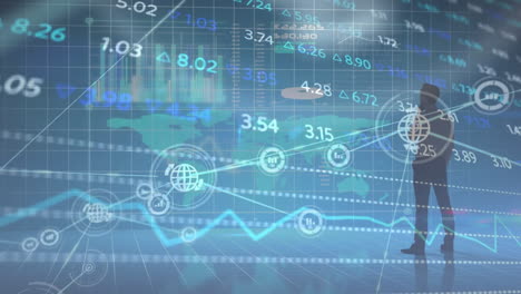 animation of global data network over businessman silhouette and processing data