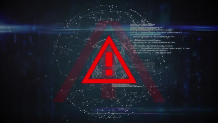 Animation of covid 19 warning text over data processing and globe