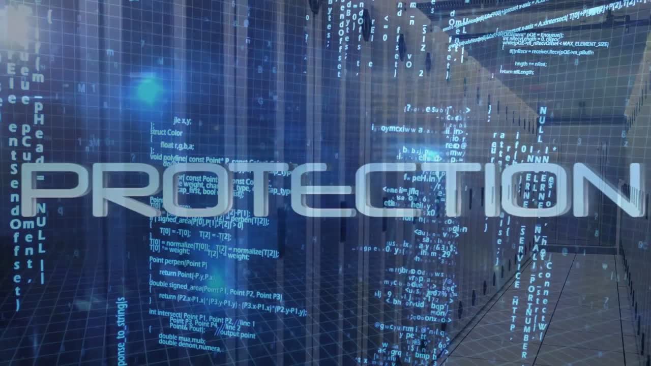Vertical video: Floating HACKING showing shifting into DIGITAL while code flowing down server racks