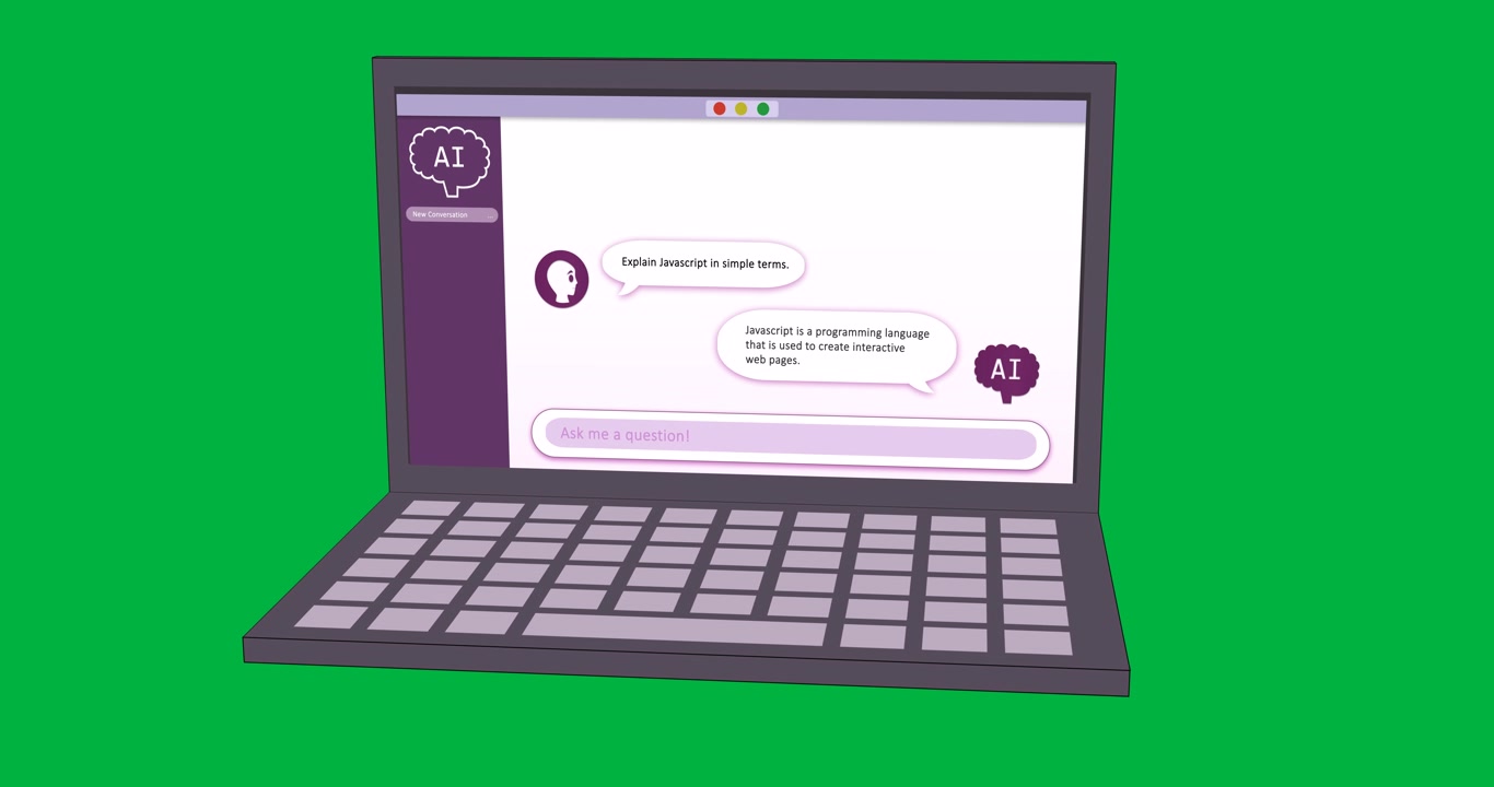 Animation of laptop with online ai chat over shapes on transparent background