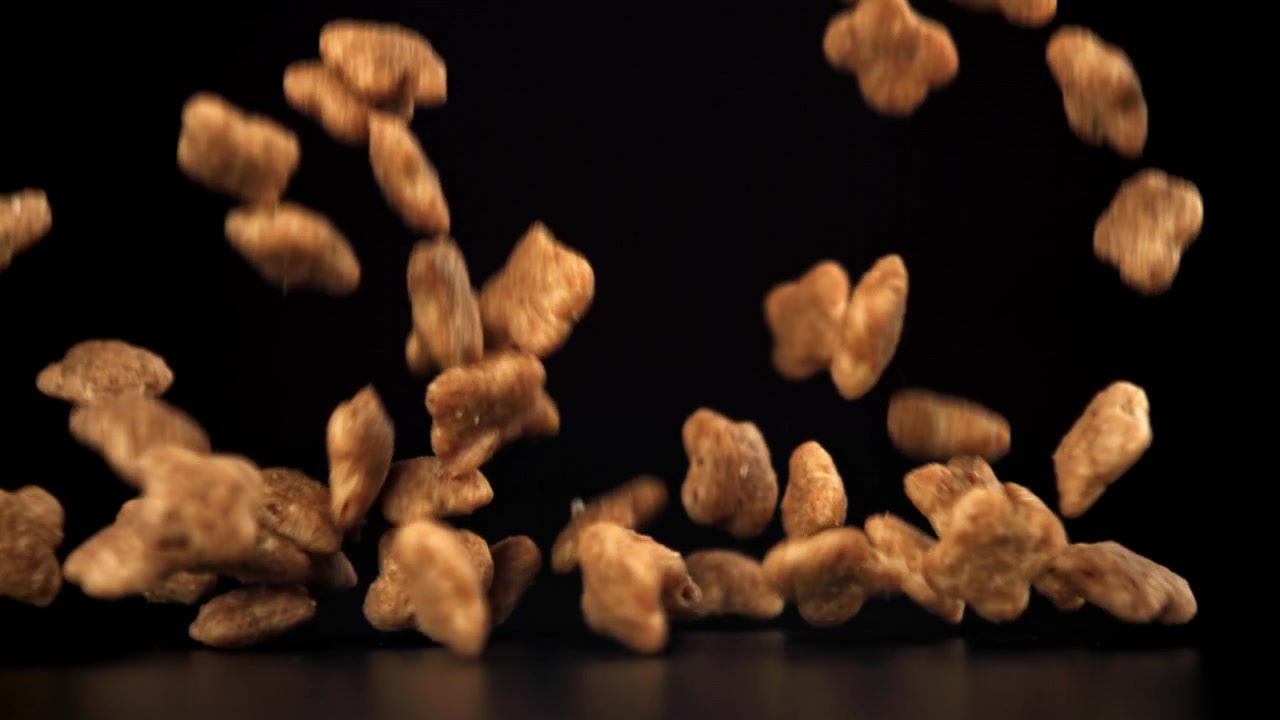 Crunchy Pet Food Falling in Slow Motion Against Black Background