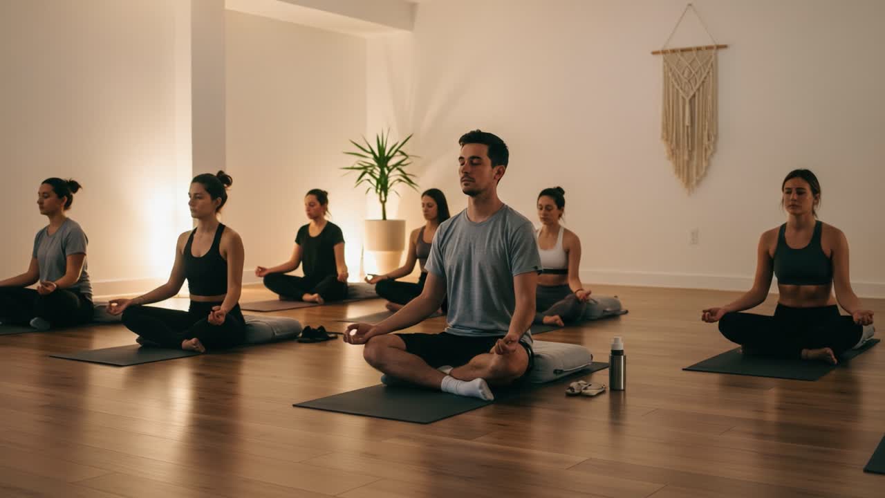 A Group of Practitioners Engaged in Mindful Meditation in a Serene Studio Environment, Focusing on Inner Peace and Connection During a Calm Session