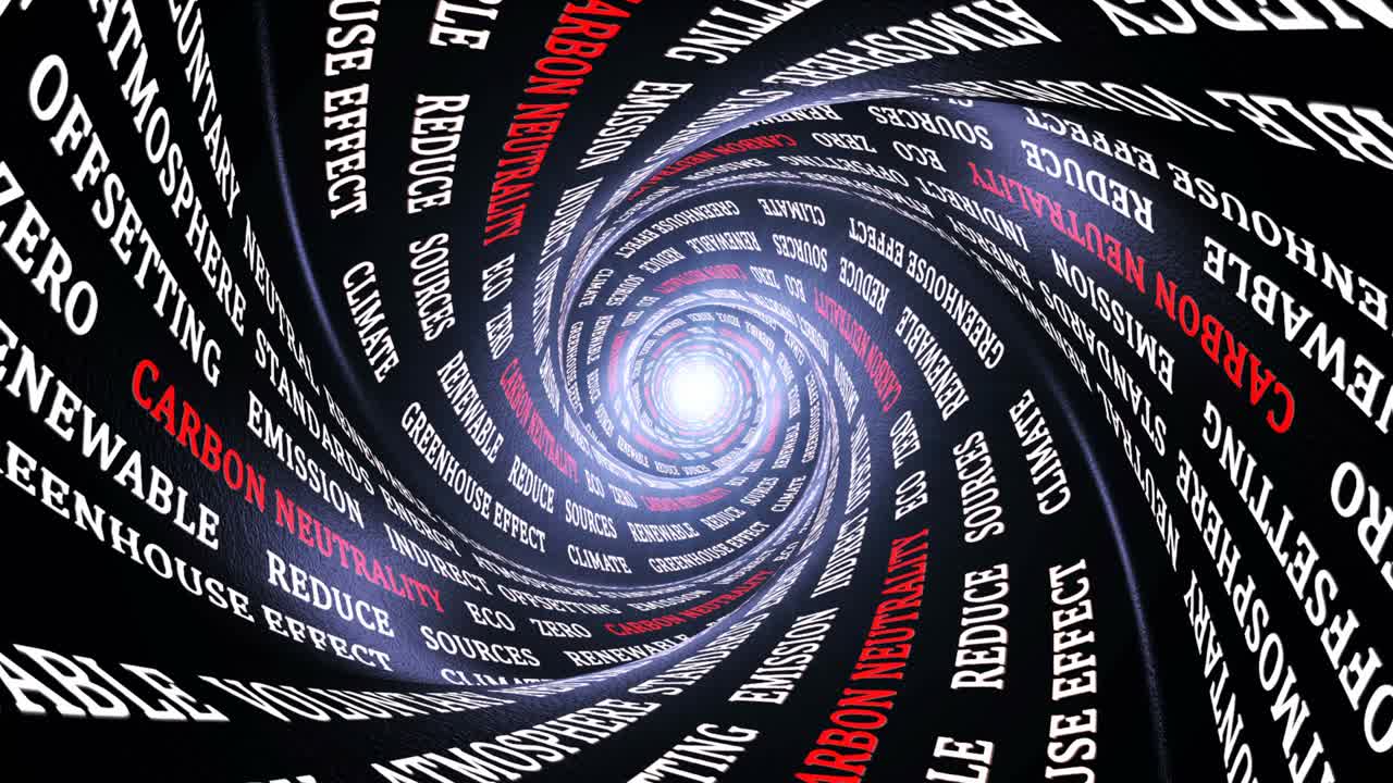 palabras clave de neutralidad de carbono en las paredes del túnel, animación, fondo, bucle