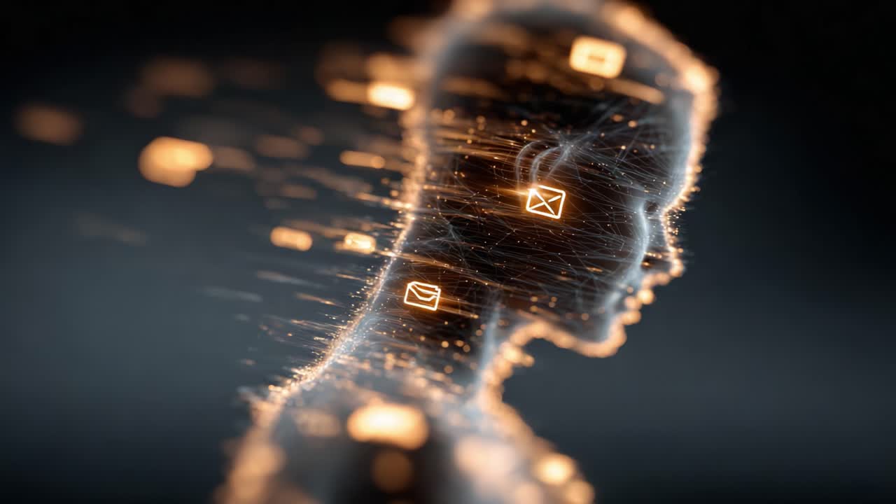 A Digital Transformation: Exploring Connectivity and Communication Through the Silhouette of a Human Profile Enveloped in Glowing Email Icons and Data Streams