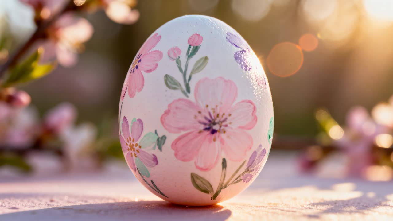 Recording, handpainted egg rotating on pink tabletop in garden, showing floral motifs and dew