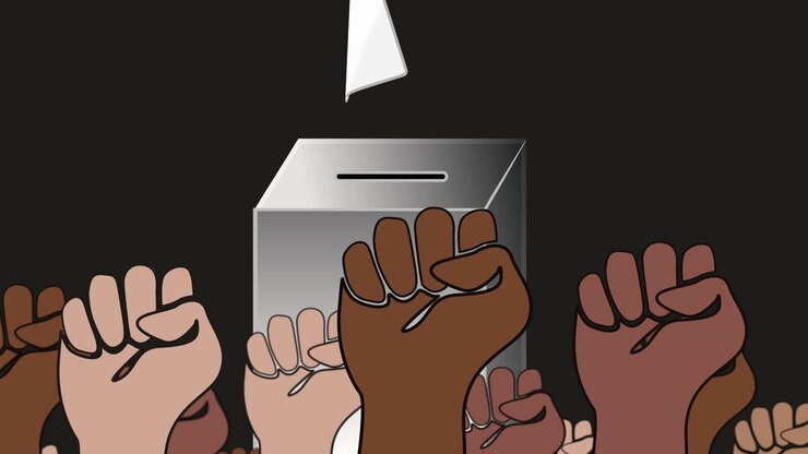 Fists of voters from different cultures in front of a ballot box - Digital animation on black