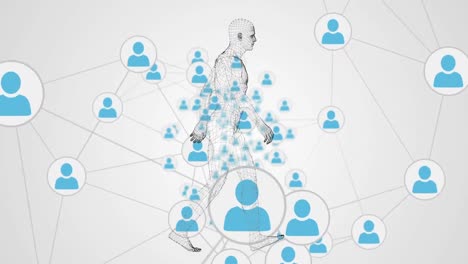 digital animation of human body model walking against network of profile icons on white background