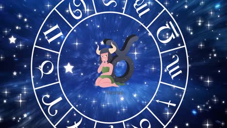 animación del signo estelar de tauro dentro de la rueda giratoria de los signos del zodiaco sobre las estrellas en el cielo azul