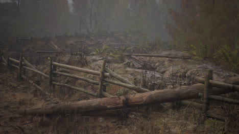 Una-Antigua-Valla-De-Madera-Con-Un-Campo-Rural-Detrás