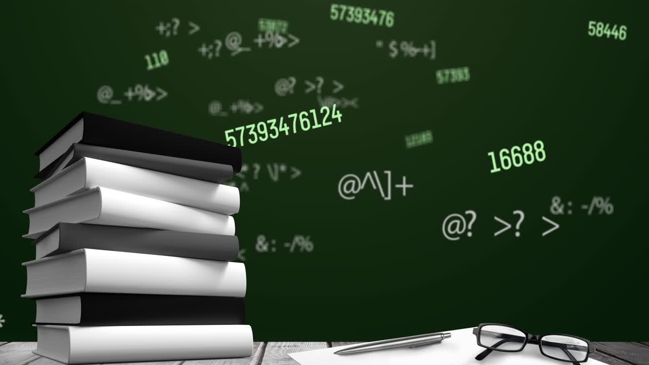 녹색 배경에 있는 애니메이션 안경과 책들은 교육을 상징합니다.